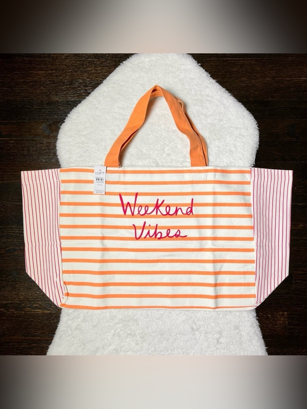 LOFT Striped Canvas Tote Bag in Peach and Cream with Pink Script